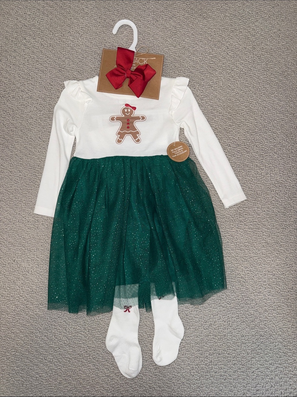 NWT Holiday gingerbread tutu dress set w/red hair bow and tights